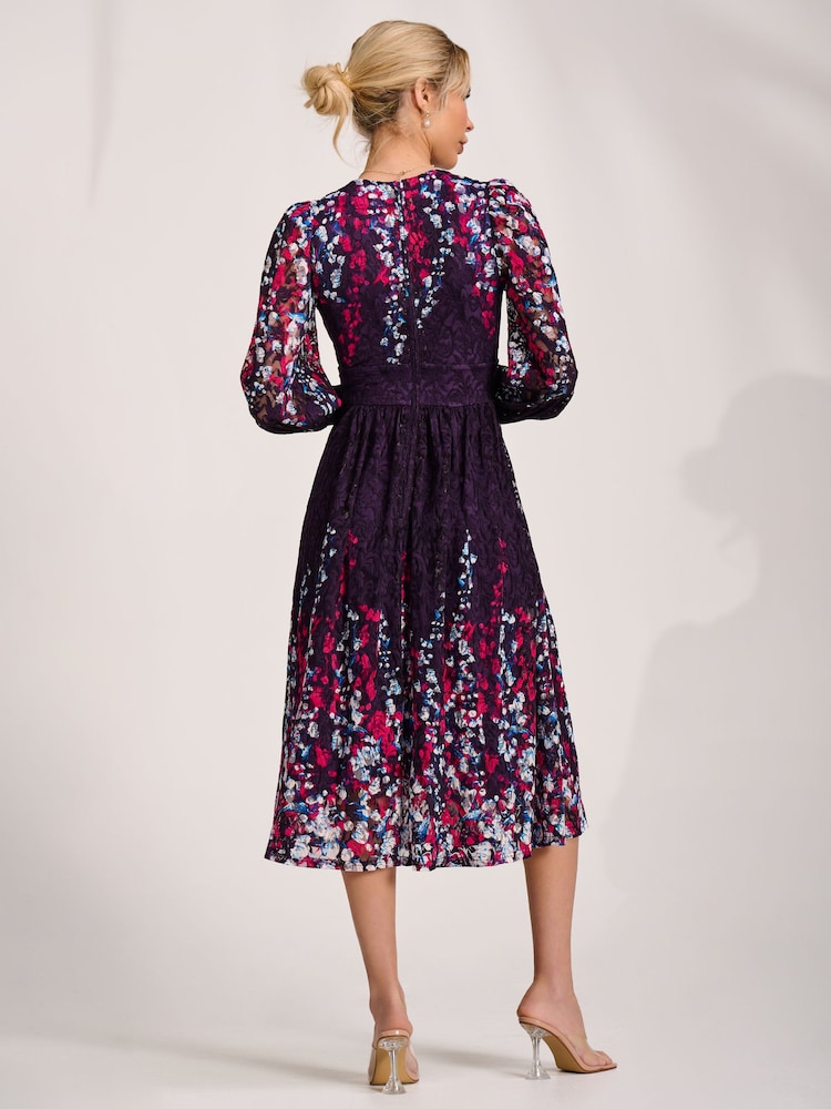 Jolie Moi Purple Long Sleeve Printed Lace Midi Dress - Image 2 of 6
