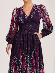Jolie Moi Purple Long Sleeve Printed Lace Midi Dress - Image 3 of 6