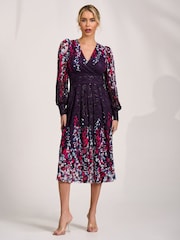 Jolie Moi Purple Long Sleeve Printed Lace Midi Dress - Image 4 of 6