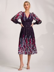 Jolie Moi Purple Long Sleeve Printed Lace Midi Dress - Image 5 of 6