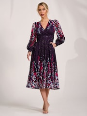 Jolie Moi Purple Long Sleeve Printed Lace Midi Dress - Image 6 of 6