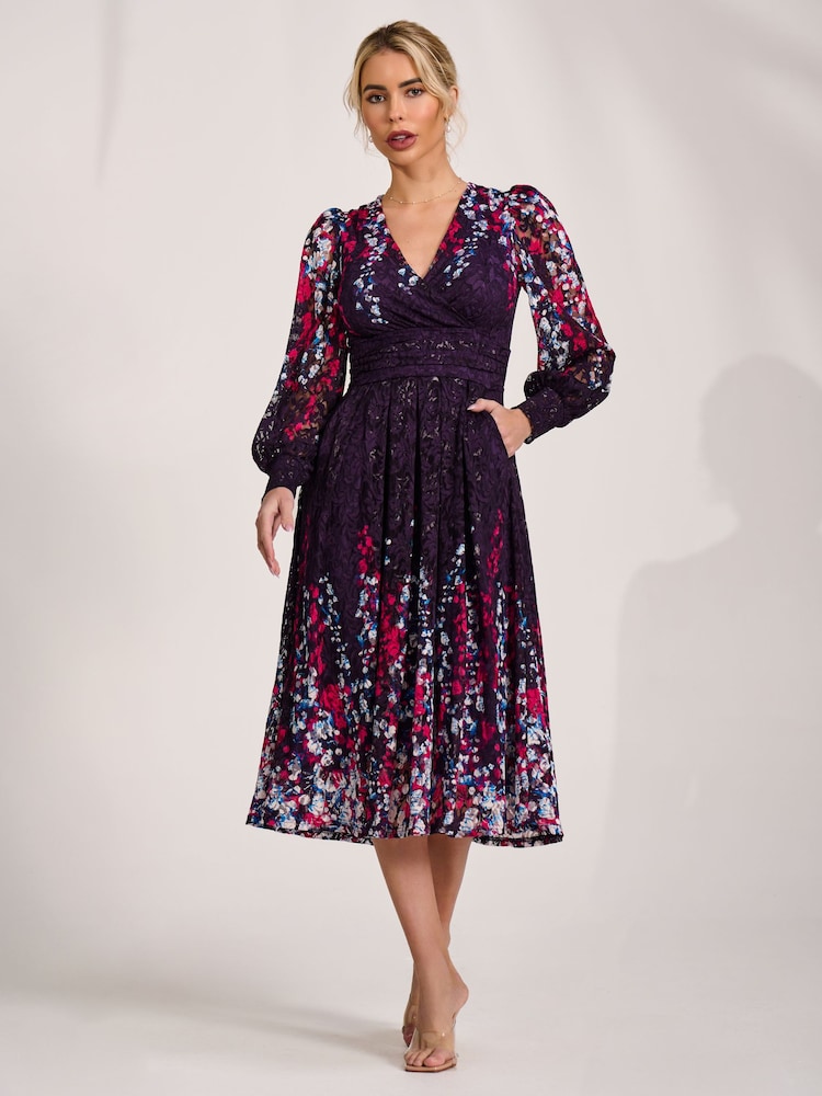 Jolie Moi Purple Long Sleeve Printed Lace Midi Dress - Image 6 of 6