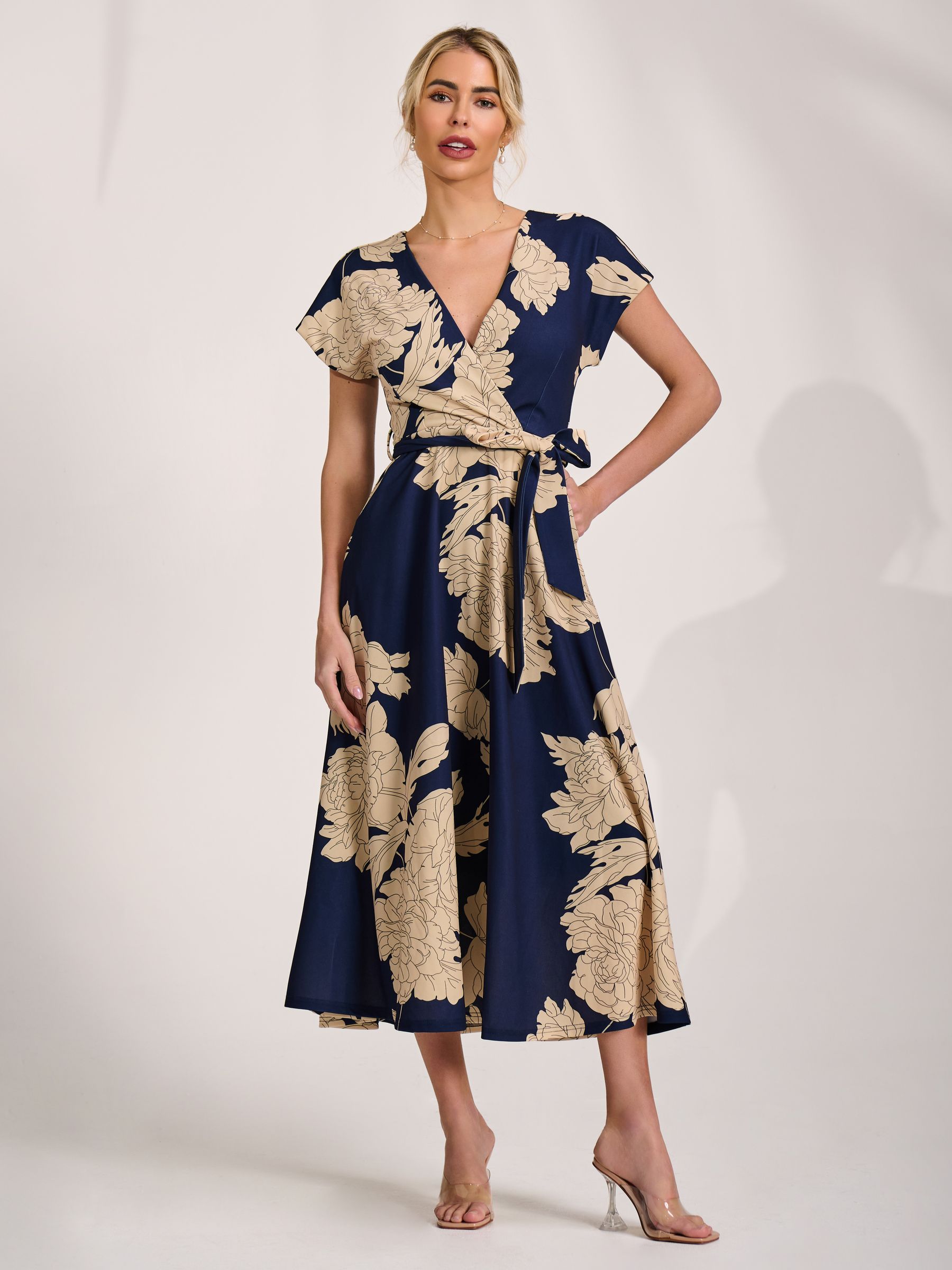 Buy Jolie Moi Navy Kimono Sleeve Print Scuba Midaxi Dress from