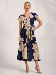 Jolie Moi Navy Kimono Sleeve Print Scuba Midaxi Dress - Image 5 of 6