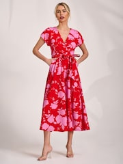 Jolie Moi Red Kimono Sleeve Print Scuba Midaxi Dress - Image 1 of 6