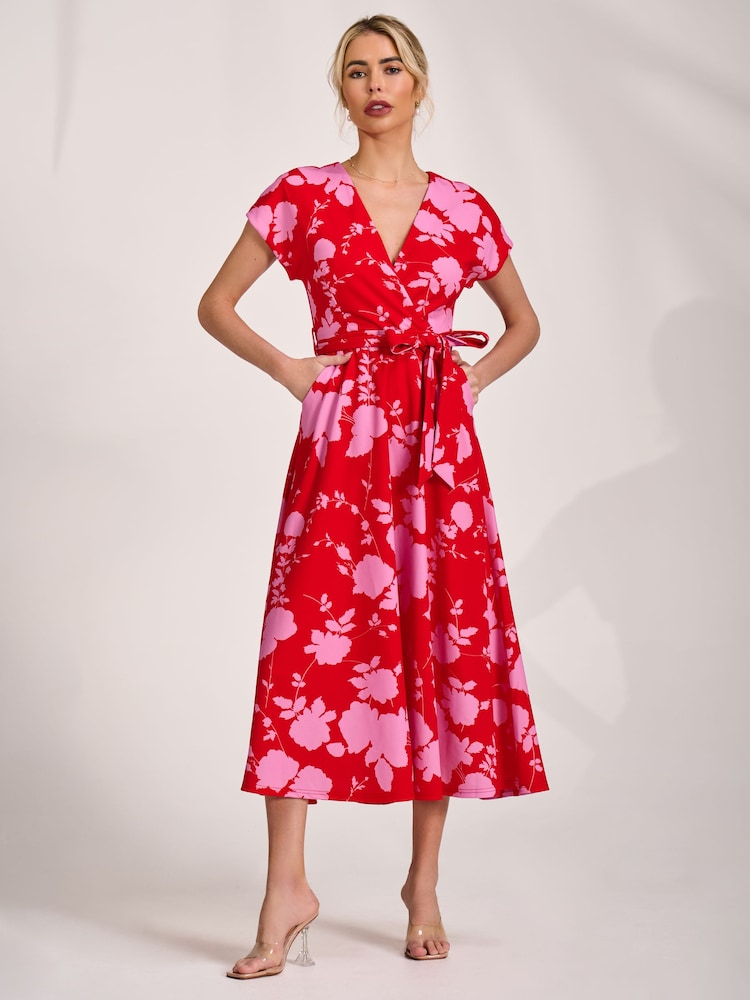 Jolie Moi Red Kimono Sleeve Print Scuba Midaxi Dress - Image 1 of 6 Jolie Moi Red Kimono Sleeve Print Scuba Midaxi Dress - Image 1 of 6