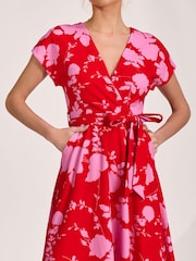 Jolie Moi Red Kimono Sleeve Print Scuba Midaxi Dress - Image 3 of 6