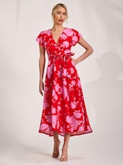 Jolie Moi Red Kimono Sleeve Print Scuba Midaxi Dress - Image 4 of 6