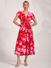 Jolie Moi Red Kimono Sleeve Print Scuba Midaxi Dress - Image 5 of 6