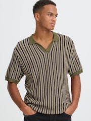Blend Green Carly Stripe Open Collar Polo Shirt - Image 1 of 7