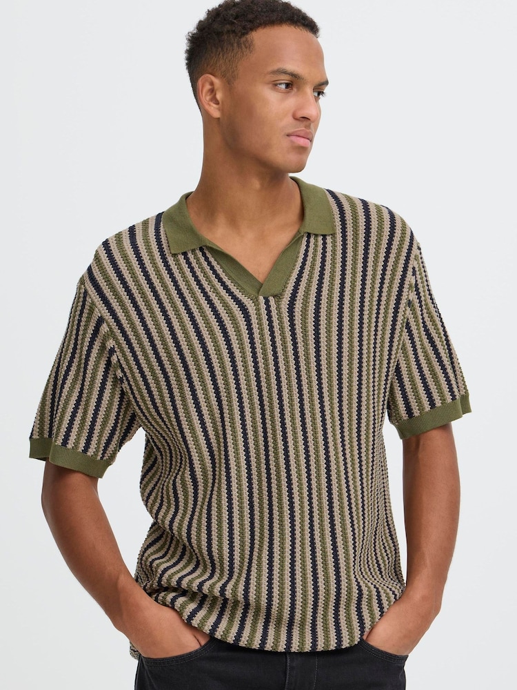 Blend Green Carly Stripe Open Collar Polo Shirt - Image 1 of 7