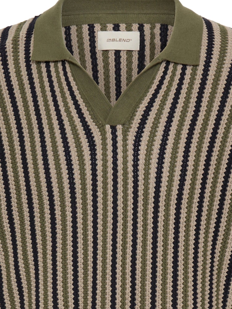 Blend Green Carly Stripe Open Collar Polo Shirt - Image 7 of 7