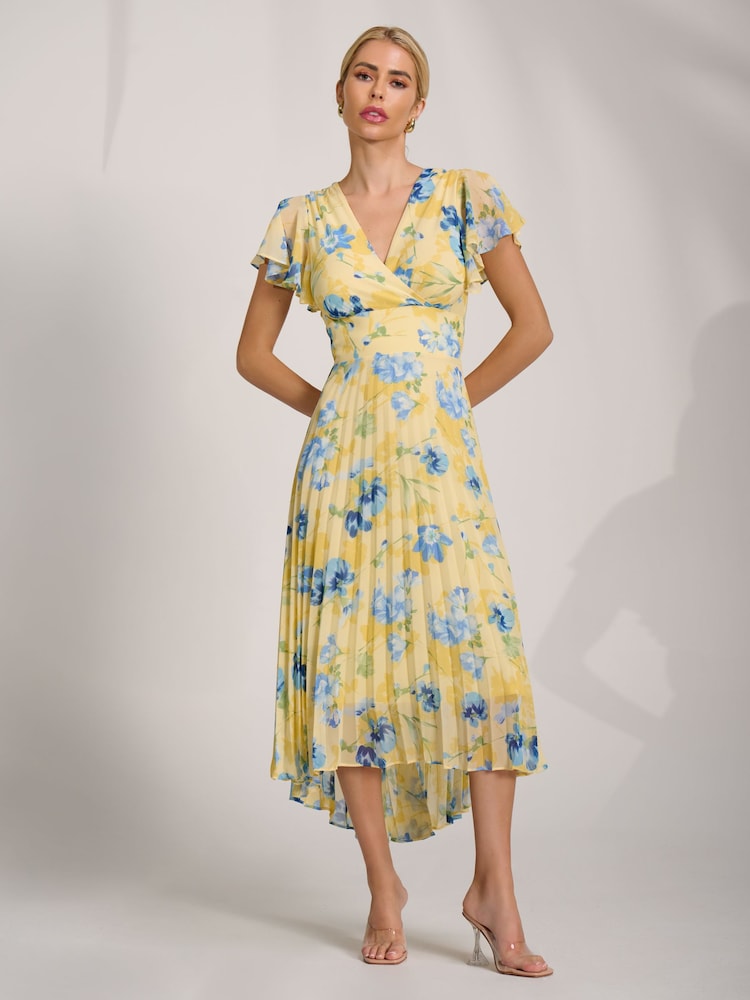 Jolie Moi Yellow Cap Sleeve Pleated Chiffon Maxi Dress - Image 1 of 6 Jolie Moi Yellow Cap Sleeve Pleated Chiffon Maxi Dress - Image 1 of 6