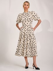 Jolie Moi Cream Tie Neck Puffy Sleeve Jersey Midi Dress - Image 1 of 6