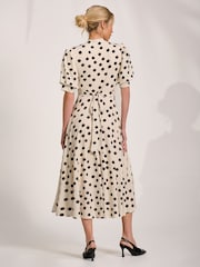 Jolie Moi Cream Tie Neck Puffy Sleeve Jersey Midi Dress - Image 2 of 6