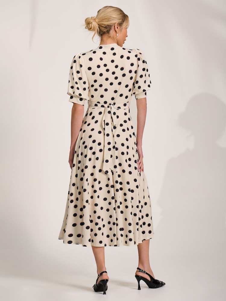 Jolie Moi Cream Tie Neck Puffy Sleeve Jersey Midi Dress - Image 2 of 6