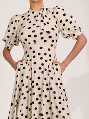 Jolie Moi Cream Tie Neck Puffy Sleeve Jersey Midi Dress - Image 3 of 6