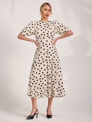 Jolie Moi Cream Tie Neck Puffy Sleeve Jersey Midi Dress - Image 4 of 6