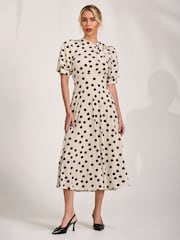 Jolie Moi Cream Tie Neck Puffy Sleeve Jersey Midi Dress - Image 5 of 6