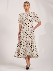 Jolie Moi Cream Tie Neck Puffy Sleeve Jersey Midi Dress - Image 6 of 6