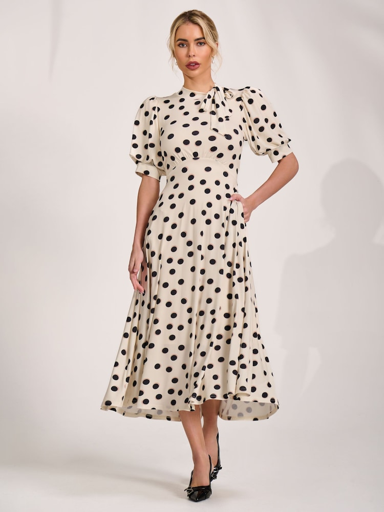 Jolie Moi Cream Tie Neck Puffy Sleeve Jersey Midi Dress - Image 6 of 6