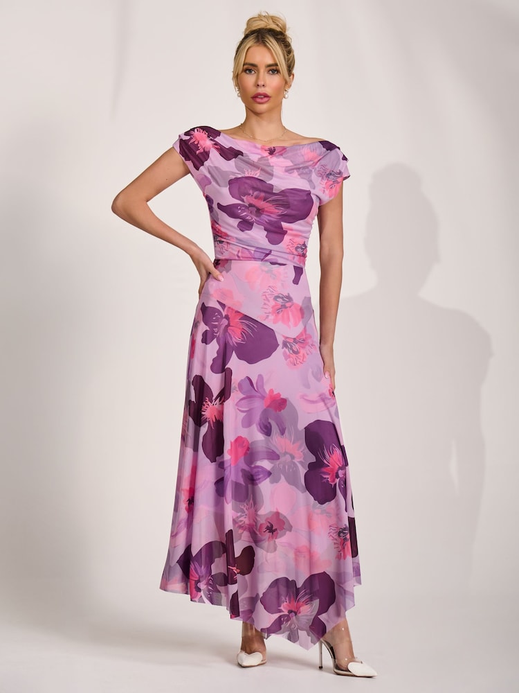 Jolie Moi Pink Asymmetrical Draped Mesh Maxi Dress - Image 1 of 6