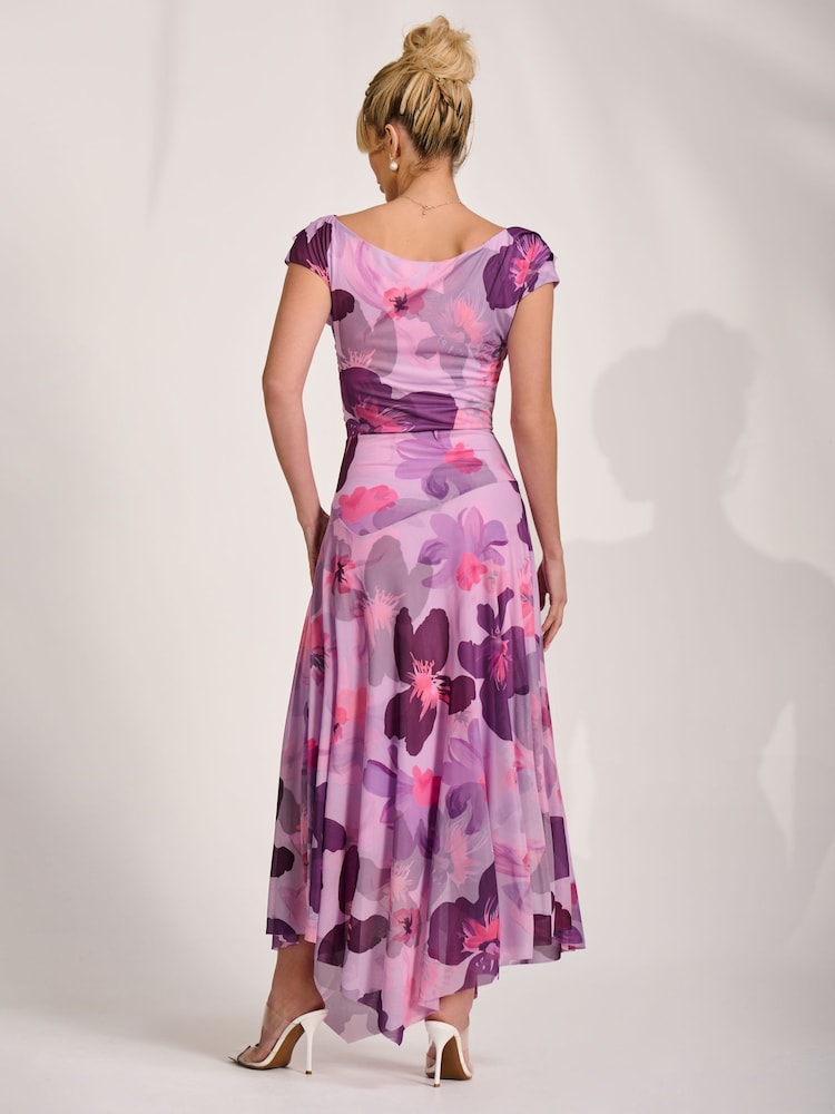 Jolie Moi Pink Asymmetrical Draped Mesh Maxi Dress - Image 2 of 6