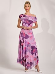 Jolie Moi Pink Asymmetrical Draped Mesh Maxi Dress - Image 4 of 6