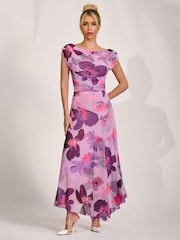 Jolie Moi Pink Asymmetrical Draped Mesh Maxi Dress - Image 5 of 6