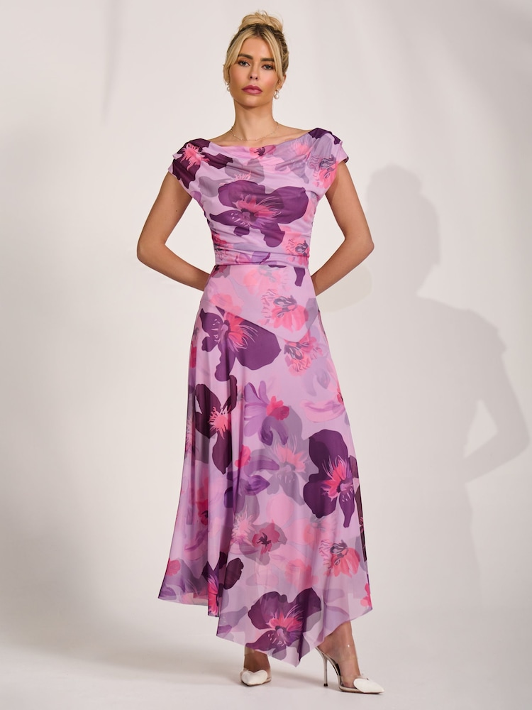 Jolie Moi Pink Asymmetrical Draped Mesh Maxi Dress - Image 6 of 6