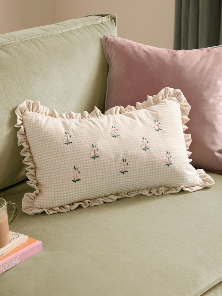 Furn Les Petite Fleurs Gingham Ruffle Fibre Filled Cushion - Image 1 of 6