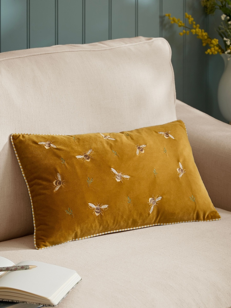 Wylder Honey Ramble Bees Embroidered Velvet Feather Filled Cushion - Image 1 of 6 Wylder Honey Ramble Bees Embroidered Velvet Feather Filled Cushion - Image 1 of 6