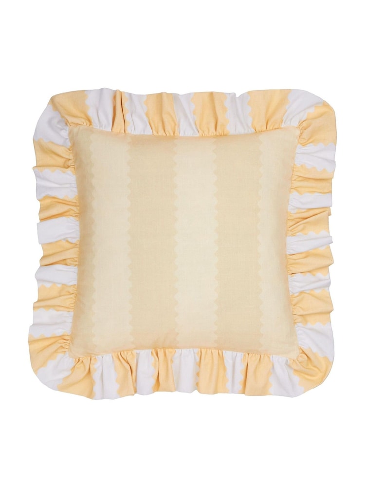 Wylder Butter Yellow Birdie Stripe Ruffle Fibre Filled Cushion - Image 2 of 4
