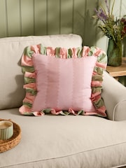Wylder Pink/Green Birdie Stripe Ruffle Feather Filled Cushion - Image 1 of 4