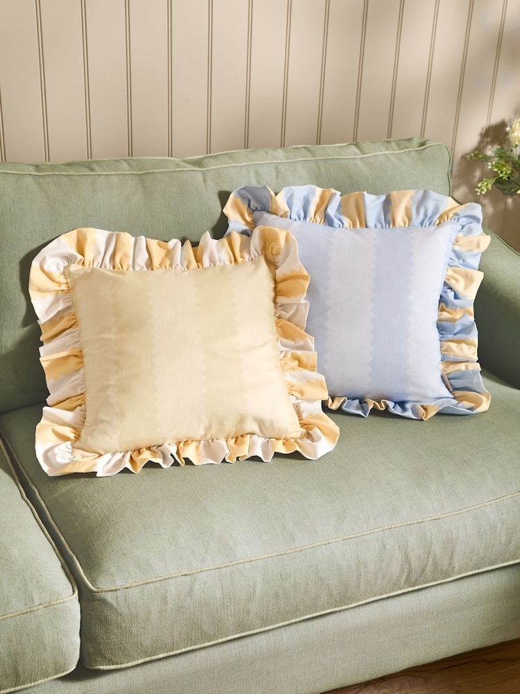 Wylder Lemon/Sky Birdie Stripe Ruffle Feather Filled Cushion - Image 4 of 4 Wylder Lemon/Sky Birdie Stripe Ruffle Feather Filled Cushion - Image 4 of 4