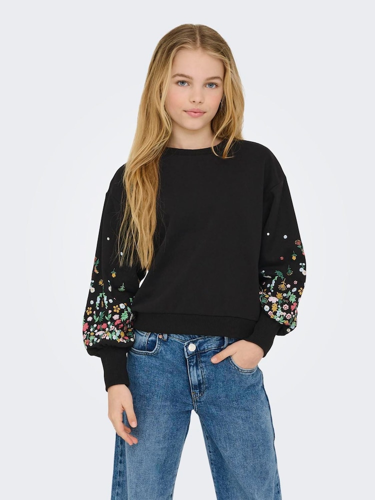 ONLY KIDS Black Floral Sleeve Detail Sweatshirt - Image 1 of 5 ONLY KIDS Black Floral Sleeve Detail Sweatshirt - Image 1 of 5