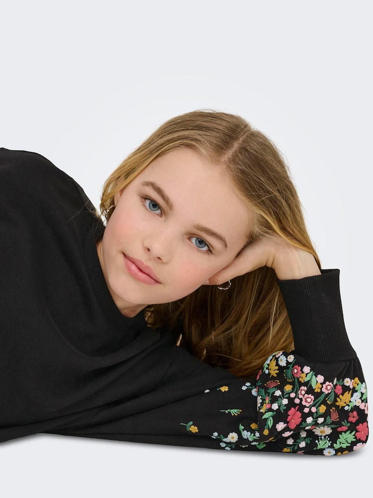 ONLY KIDS Black Floral Sleeve Detail Sweatshirt - Image 2 of 5 ONLY KIDS Black Floral Sleeve Detail Sweatshirt - Image 2 of 5