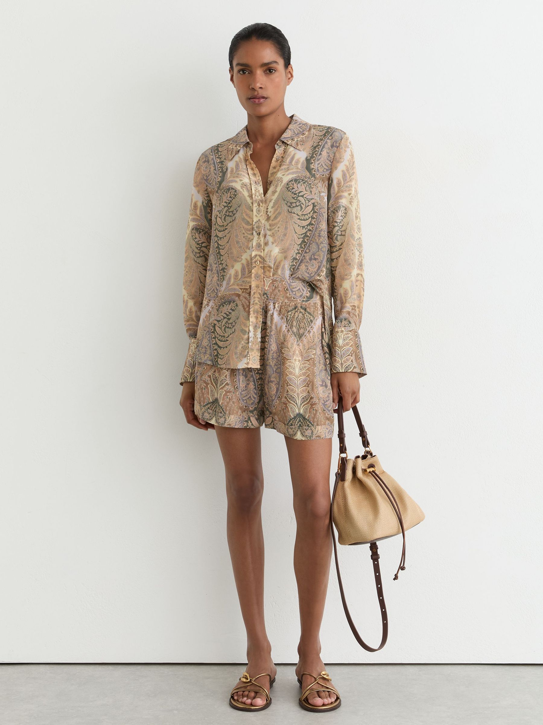 Reiss Grey/neutral Paisley-print Long-sleeve Shirt In Gray