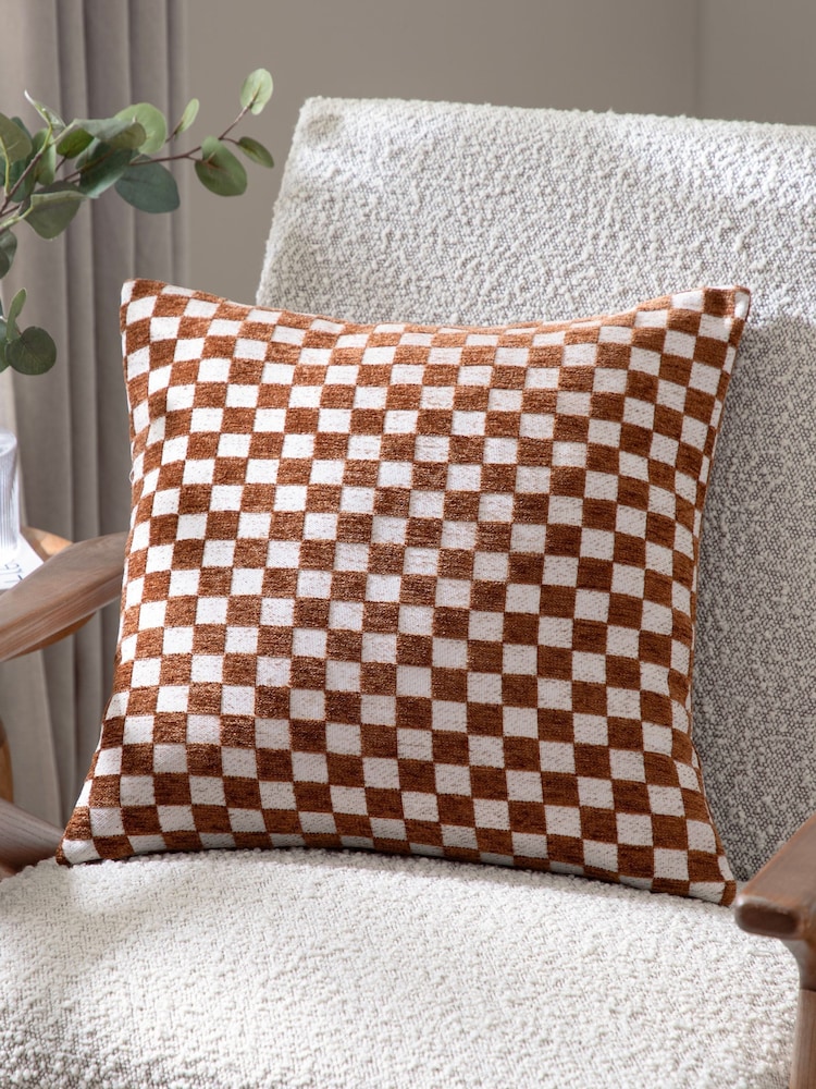 HÖEM Copper Larro Chenille Checkerboard Feather Filled Cushion - Image 1 of 4 HÖEM Copper Larro Chenille Checkerboard Feather Filled Cushion - Image 1 of 4