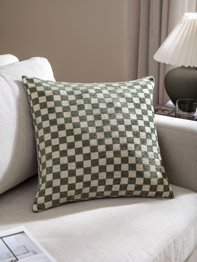 HÖEM Smoke Green Larro Chenille Checkerboard Feather Filled Cushion - Image 1 of 4 HÖEM Smoke Green Larro Chenille Checkerboard Feather Filled Cushion - Image 1 of 4