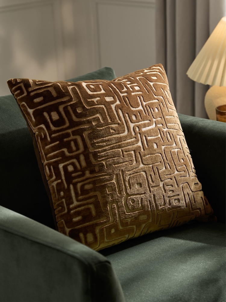 HÖEM Brown Soren Cut Velvet Feather Filled Cushion - Image 1 of 6