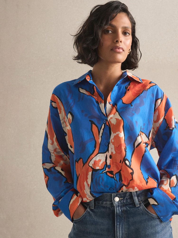 Daniel Quirke X Next Cobalt Blue Koi Fish Print Relaxed Long Sleeve Cotton Lightweight Shirt - Image 1 of 4 Daniel Quirke X Next Cobalt Blue Koi Fish Print Relaxed Long Sleeve Cotton Lightweight Shirt - Image 1 of 4