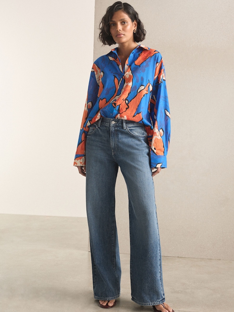 Daniel Quirke X Next Cobalt Blue Koi Fish Print Relaxed Long Sleeve Cotton Lightweight Shirt - Image 2 of 4 Daniel Quirke X Next Cobalt Blue Koi Fish Print Relaxed Long Sleeve Cotton Lightweight Shirt - Image 2 of 4