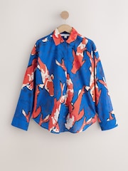 Daniel Quirke X Next Cobalt Blue Koi Fish Print Relaxed Long Sleeve Cotton Lightweight Shirt - Image 5 of 8