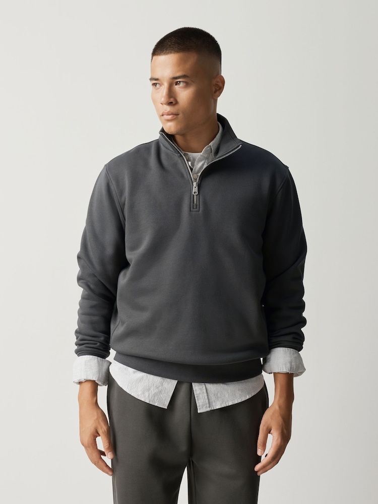 Slate Grey Cotton Rich Jersey Quarter Zip Sweatshirt - Image 1 of 4