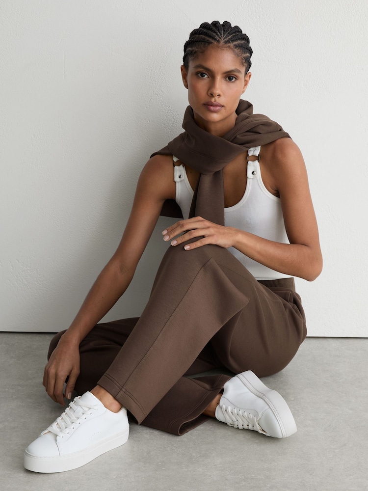 Reiss Mocha Brown Laney Premium Interlock Wide-Leg Joggers - Image 1 of 7 Reiss Mocha Brown Laney Premium Interlock Wide-Leg Joggers - Image 1 of 7