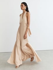 Reiss Champagne Neutral Lilianna Satin Halterneck Empire-Line Maxi Dress - Image 1 of 9