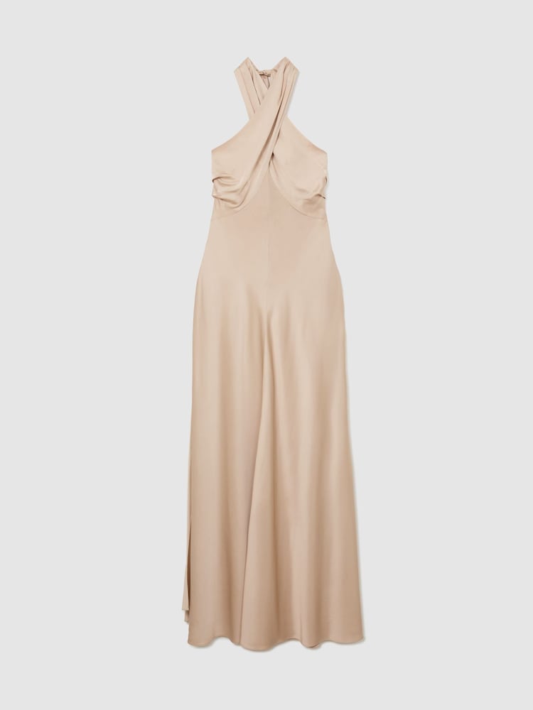 Reiss Champagne Neutral Lilianna Satin Halterneck Empire-Line Maxi Dress - Image 2 of 9