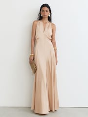 Reiss Champagne Neutral Lilianna Satin Halterneck Empire-Line Maxi Dress - Image 3 of 9