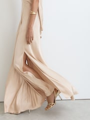 Reiss Champagne Neutral Lilianna Satin Halterneck Empire-Line Maxi Dress - Image 4 of 9